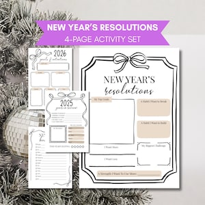 May include: A 4-page New Year's Resolutions activity set. The set includes pages for goal setting, reviewing the past year, and planning for the future. The pages are white with black text and decorative bow accents.