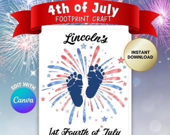 Création artisanale d'empreintes de pas du 1er 4 juillet | Art souvenir de bébé (modèle canva modifiable et PDF)