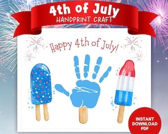 Artisanat patriotique d'empreintes de mains en popsicle | Activité du 4 juillet pour les enfants (téléchargement PDF)