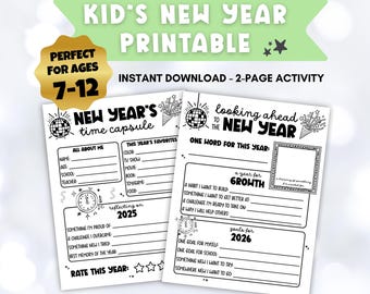 Capsule temporelle du Nouvel An pour enfants et fixation d'objectifs - Activité à imprimer sur 2 pages (téléchargement numérique)
