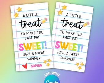 Last Day of School Gift Tag | Sweet Treat Tag Printable (Editable Canva Template & Print Ready PDF)