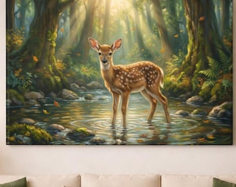 Baby Deer Woodland Canvas Print, Fawn Forest Nursery Wall Art