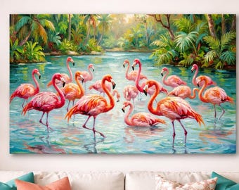 Pink Flamingos Tropical Canvas Print, Coastal Bird Artwork, Beach House Decor