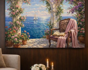 Mediterranean Balcony Canvas Print, Floral Seaside Terrace Art (Poster Print)