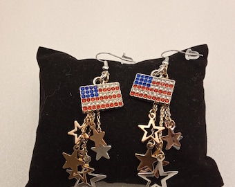 Patriotic USA Flag Dangle Earrings with Star Charms