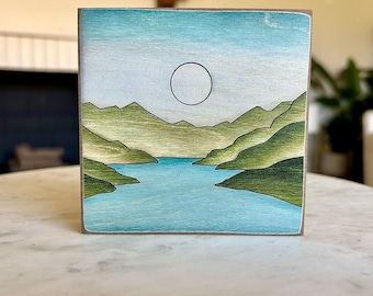 Hand-Painted Mountain Lake Wood Art Print | 5x5 Shelf Sitter Decor