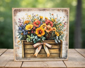 Floral Crate Wood Block Sign | Rustic Cottagecore Farmhouse Decor