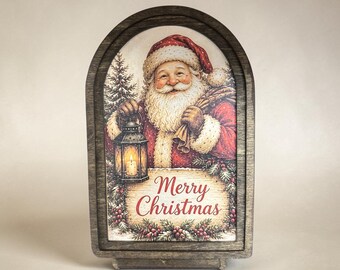Vintage Santa Christmas Sign, Merry Christmas Wood Decor, Arched Holiday Shelf Art, Santa Lantern Mantel Decoration, Nostalgic Christmas