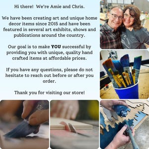 Puede incluir: Un collage que muestra a dos personas, un vaso de pl&aacute;stico azul lleno de pinceles y primeros planos de manos usando un pincel sobre una superficie de madera, operando una sierra de mesa y aplicando pintura azul sobre un recorte de madera.
