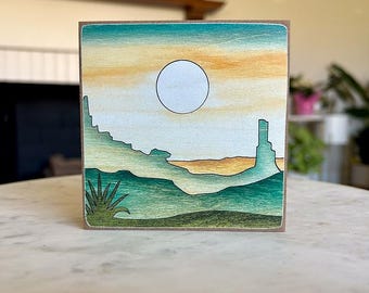 Southwest Desert Canyon Wood Decor Print | Hand-Painted Landscape Art (5"x5")