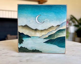 Mountain Lake Night Scene Wood Decor Print | Hand-Painted Cabin Art (5"x5")