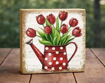 Red Polka Dot Tulip Watering Can Wood Print Block | Cottagecore Garden Shelf Decor