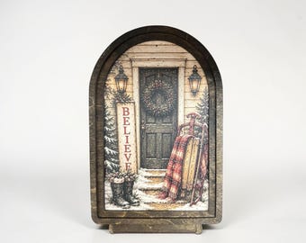 Victorian Christmas Wood Art, Vintage Santa Door Scene, Believe Holiday Decor, Arched Old Fashioned Christmas Shelf and Mantel Decoration