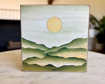 Hand-Painted Mountain Landscape Wood Decor Print | 5"x5" Nature Art Shelf Sitter