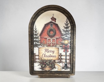 Christmas Barn Decor, Red Barn Christmas Arch, Rustic Farmhouse Holiday Decor, Merry Christmas Shelf Sitter, Country Christmas Art