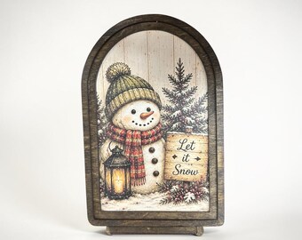 Let It Snow Snowman Decor, Vintage Winter Wood Art, Arched Snowy Woodland Scene, Rustic Holiday Shelf Art, Snowman Mantel Decoration