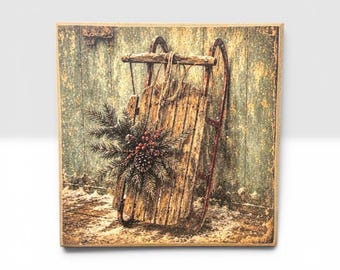 Vintage Sleigh Sign | Rustic Christmas Decor | Farmhouse Winter Wall Art | 4x4 Wood Decor Print