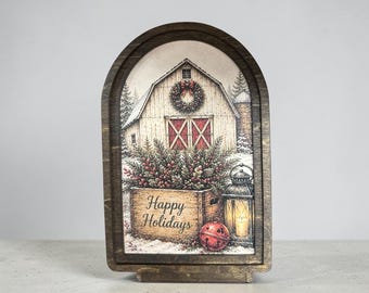Christmas Barn Decor, White Barn Holiday Arch, Farmhouse Christmas Decor, Happy Holidays Sign, Rustic Winter Shelf Sitter