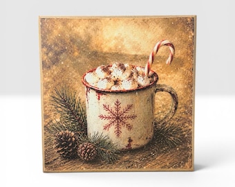 Hot Cocoa Christmas Sign | Cozy Winter Decor | Rustic Holiday Wall Art | 4x4 Wood Decor Print