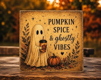 Pumpkin Spice & Ghostly Vibes | Halloween Decor | 5x5 Wood Sign Print | Shelf Sitter
