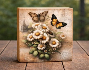 Rustic Daisy Butterfly Wood Print Block | Vintage Floral Shelf Decor, Garden Accent