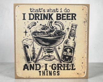 Funny Dad Grill Sign | Beer Lover BBQ Decor | Rustic Wood Block Shelf Sign