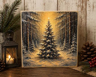 Winter Christmas Tree Sign | Rustic Holiday Decor | Woodland Christmas Art | 4x4 Wood Decor Print