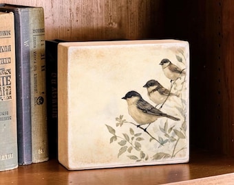 Songbird Trio Wood Block Sign | Rustic Farmhouse Nature Shelf Decor