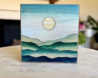 Lake House Wood Decor | Shelf Sitter | Mountain Landscape Art | 5"x5" Art Print