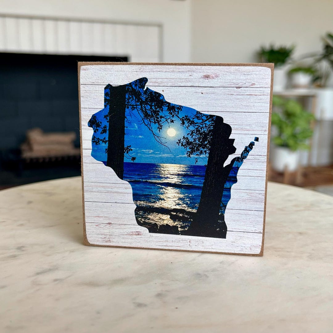 Wisconsin Moonlit Lake Wood Block Sign | Lake House Shelf Art, USA ...