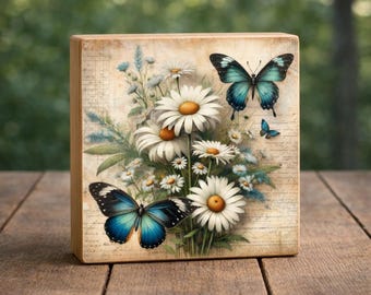 Blue Butterfly Daisy Wood Print | Botanical Shelf Decor, Cottagecore Accent
