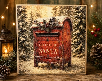 Letters to Santa Sign | Vintage Mailbox Decor | Rustic Christmas Wall Art | 4x4 Wood Decor Print