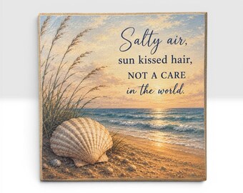 Beach Decor | Coastal Shelf Sitter | Salty Air Beach Quote | 5x5 Wood Sign Print