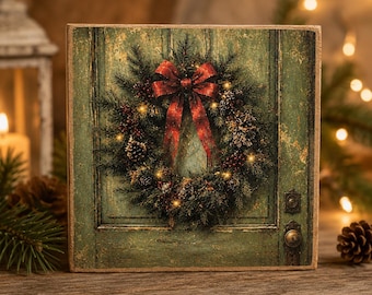 Christmas Wreath Sign | Rustic Holiday Decor | Farmhouse Christmas Wall Art | 4x4 Wood Decor Print