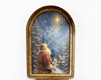 Santa Christmas Decor, Santa in the Woods Arch Art, Vintage Holiday Decor, Rustic Christmas Shelf Sitter, Woodland Santa Art