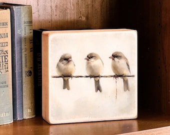 Three Little Birds Wood Print Block | Rustic Nature Shelf Decor