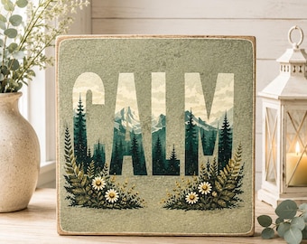 Calm Mountain Sign | Peaceful Nature Decor | Rustic Cabin Wall Art | 4x4 Wood Decor Print