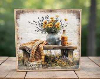 Floral Bench Wood Sign Decor | Cottagecore Farmhouse Accent (5x5 inch Wood Block)
