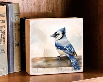 Blue Jay Wood Print | 5x5 Rustic Wildlife Shelf Decor, Nature Art