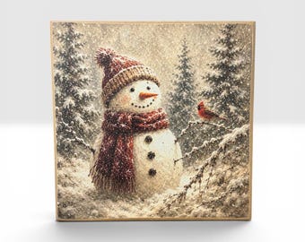 Snowman Christmas Sign | Winter Cardinal Decor | Rustic Holiday Wall Art | 4x4 Wood Decor Print