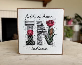 Indiana Wood Block Sign | Floral Farmhouse Shelf Decor