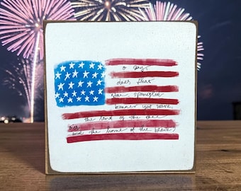 Patriotic Wood Block Sign | Star Spangled Banner Americana Shelf Decor