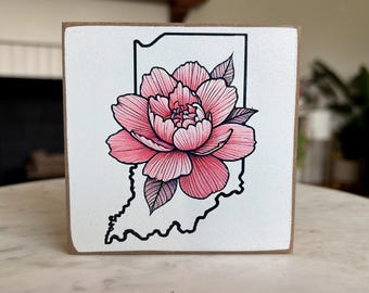 Indiana Peony Wood Block Sign | State Flower Shelf Decor