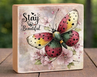 Butterfly Wood Block Sign | Cottagecore Floral Shelf Decor (5x5 Inch)