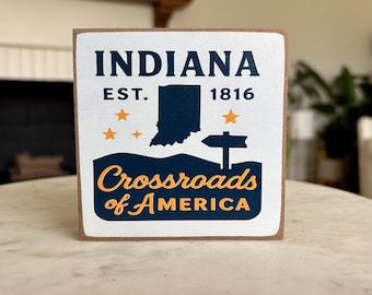Indiana Crossroads of America Wood Block Sign | Rustic Shelf Decor, Hoosier Gift