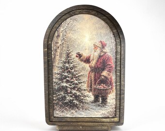 Vintage Santa Christmas Decor, Old World Santa Wood Art, Snowy Woodland Holiday Scene, Arched Rustic Christmas Mantel Decoration