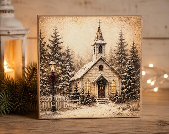 Christmas Church Sign | Snowy Chapel Decor | Rustic Holiday Wall Art | 4x4 Wood Decor Print