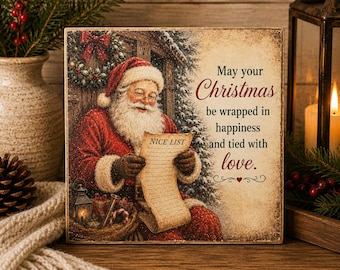 Nice List Santa Sign | Vintage Christmas Decor | Santa Shelf Sitter | 4x4 Wood Decor Print
