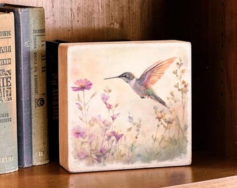 Hummingbird Floral Wood Block Sign | Cottagecore Nature Shelf Decor | Garden Bird Gift