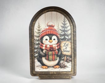 Christmas Penguin Wood Decor, Let It Snow Winter Art, Arched Holiday Shelf Sitter, Woodland Penguin Mantel Decor, Whimsical Christmas